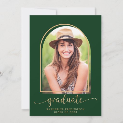 Elegant Dark Green Gold Arch Photo Graduation Invitation | Zazzle