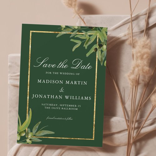 Elegant Dark Green Gold Botanical Save the Date Invitation