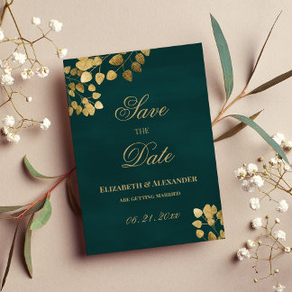 Elegant dark green gold eucalyptus Save the Date Invitation
