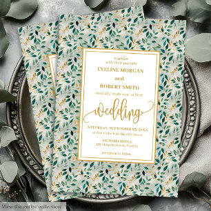 Elegant Dark Green Gold Foliage Wedding Invitation