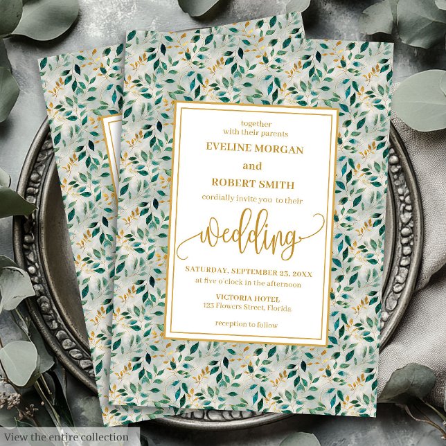 Elegant Dark Green Gold Foliage Wedding Invitation (Elegant Dark Green Gold Foliage Wedding Invitation)