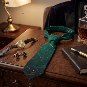 Elegant Dark Green Gold Geometric Neck Tie