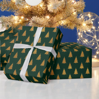 Elegant dark green gold glitter Christmas trees Wrapping Paper