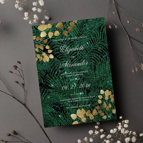 Elegant dark green gold glitter eucalyptus wedding invitation
