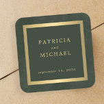Elegant dark green gold personalized wedding  square sticker<br><div class="desc">Modern classic dark emerald green and faux gold minimalist typography custom wedding favor or envelope seal stickers on a vintage style antique distressed-looking background with faux metallic frame.             Matching wedding stationery is available in the collection.</div>