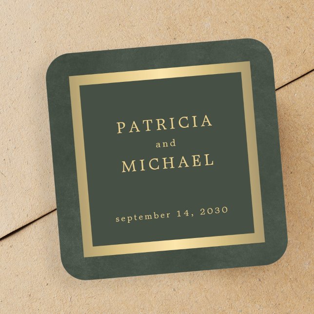 Elegant dark green gold personalized wedding  square sticker (Creator Uploaded)