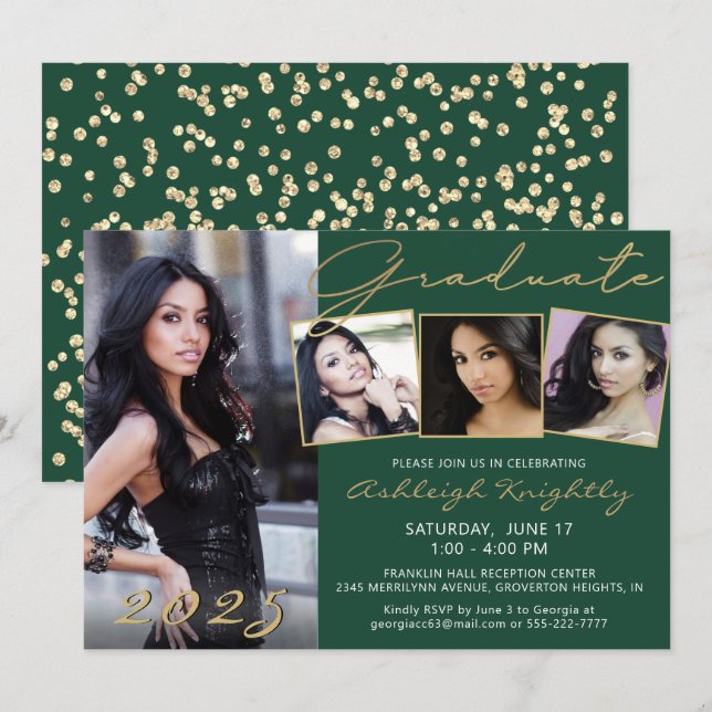 Elegant Dark Green Gold Script 4 Photo Graduate Invitation (Front/Back)