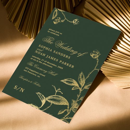 Elegant dark green gold vintage antique wedding invitation