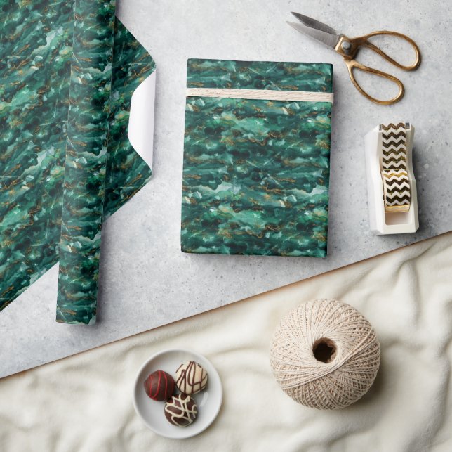 Elegant Dark Green Gold Watercolor  Wrapping Paper (Crafts)