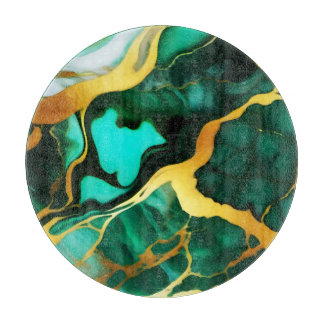 Elegant dark green golden yellow Faux Marble  Cutting Board
