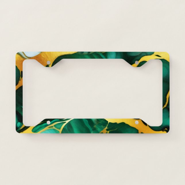 Elegant dark green golden yellow Faux Marble  License Plate Frame (Front)