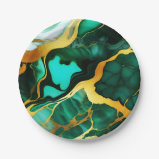 Elegant dark green golden yellow Faux Marble  Paper Plates