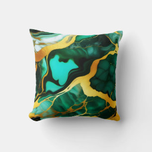 Elegant dark green golden yellow Faux Marble Throw Pillow