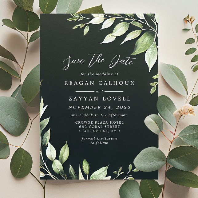 Elegant Dark Green Greenery Leaves Save The Date Invitation (Creator Uploaded)