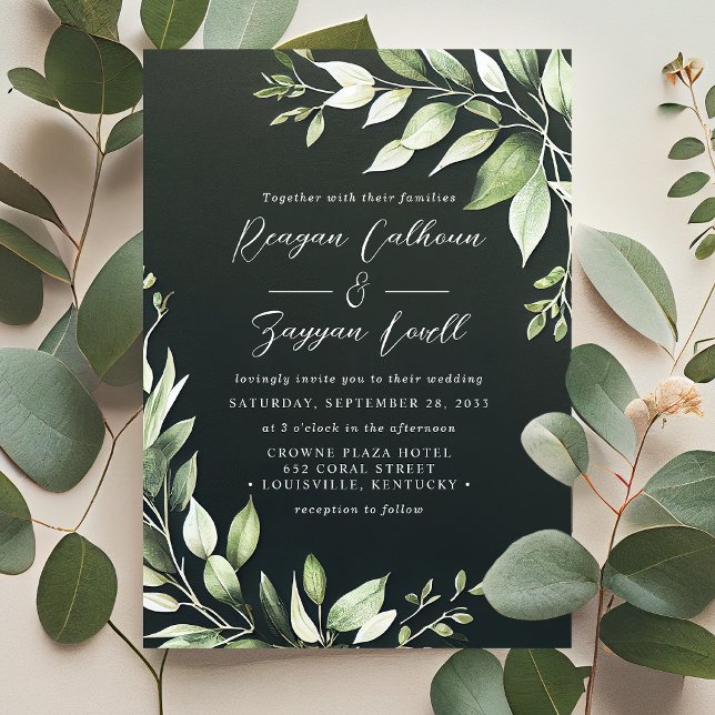 Elegant Dark Green Greenery Leaves Script Wedding  Invitation (Creator Uploaded)