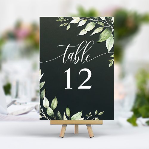 Elegant Dark Green Greenery Leaves Wedding Table Number