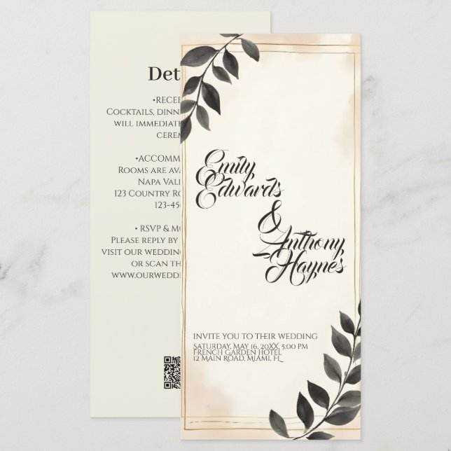 Elegant Dark Green Leaf Wedding Invitation (Front/Back)