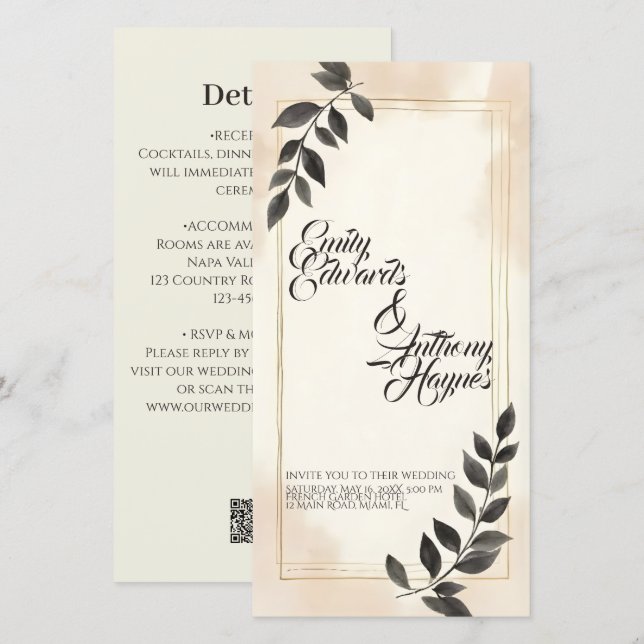 Elegant Dark Green Leaf Wedding Invitation (Front/Back)