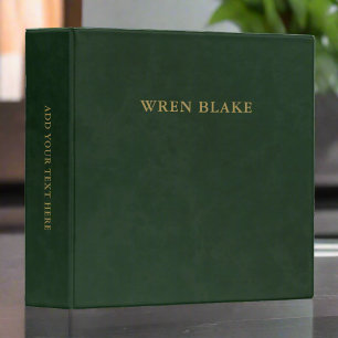 Elegant Dark Green Leather & Gold Script Name 3 Ring Binder