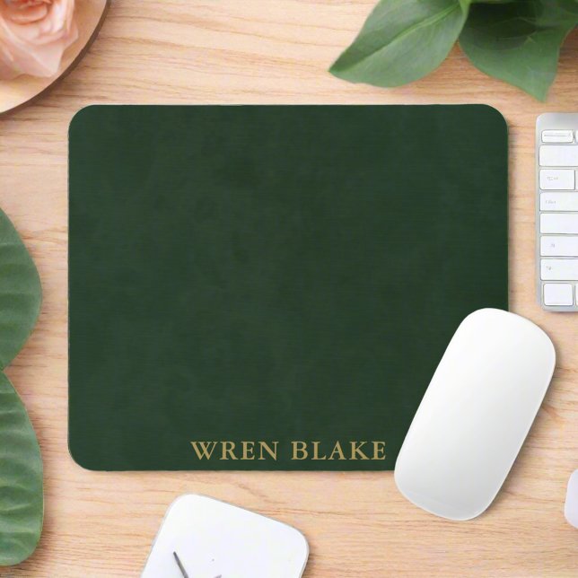 Elegant Dark Green Leather & Gold Script Name Mouse Pad (Creator Uploaded)