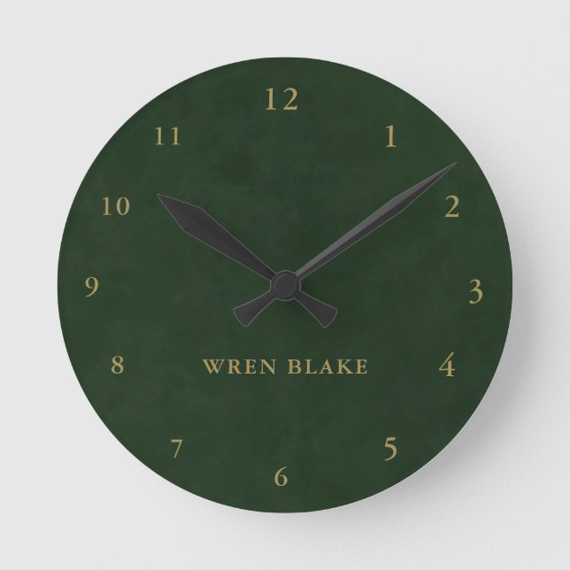 Elegant Dark Green Leather & Gold Script Name Round Clock (Front)