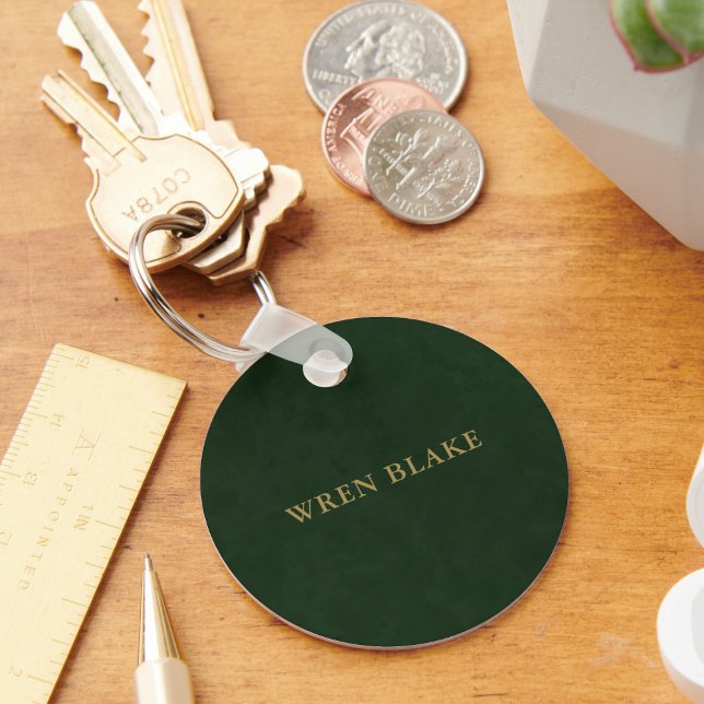 Elegant Dark Green Leather & Gold Typography Name Keychain (Creator Uploaded)