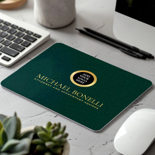 Elegant Dark Green Leather Luxury Gold ROUND Logo Mouse Pad