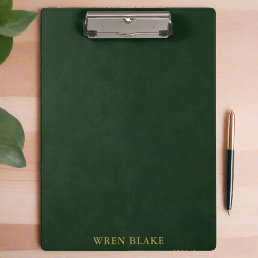 Elegant Dark Green Leather Texture &amp; Gold Script Clipboard