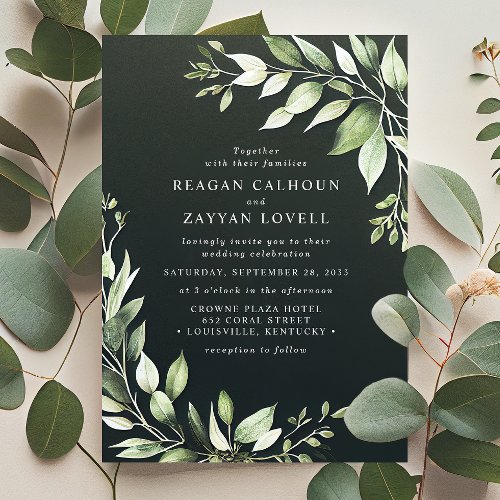 Elegant Dark Green Modern Greenery Leaves Wedding Invitation