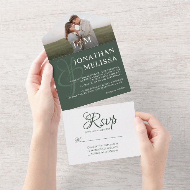 Elegant Dark Green Overlay Photo Monogram Wedding All In One Invitation (Tearaway)