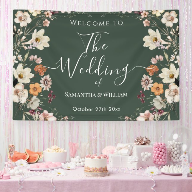 Elegant Dark Green Rustic Wildflower Boho Wedding Banner (Party)