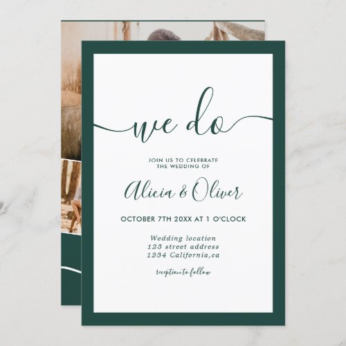 Elegant dark green script photo initials wedding invitation