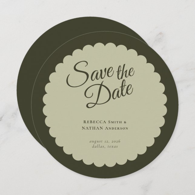 Elegant Dark Green Script Scallop Wedding Save The Date (Front/Back)