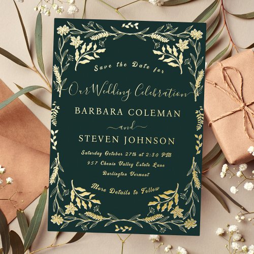 Elegant Dark Green Typography Chic Boho Wedding Foil Invitation