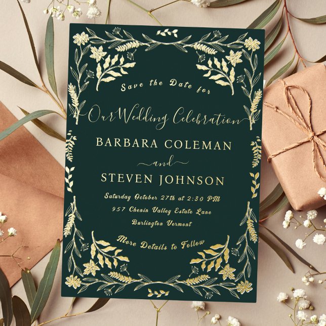 Elegant Dark Green Typography Chic Boho Wedding Foil Invitation (Creator Uploaded)