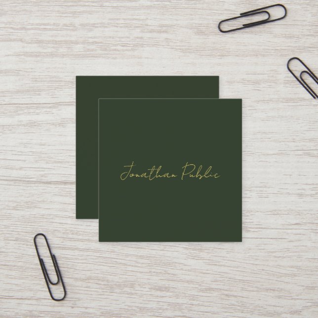 Elegant Dark Green Typography Gold Text Template Square Business Card (Front/Back In Situ)