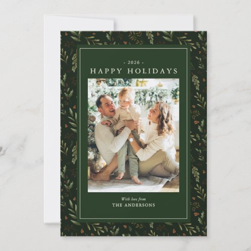 Elegant Dark Green Watercolor Botanical Christmas Holiday Card