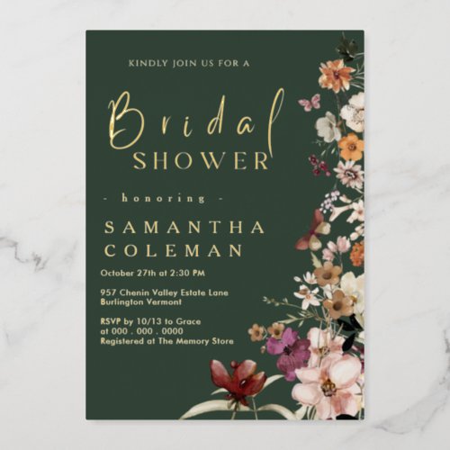 Elegant Dark Green Wildflower Boho Bridal Shower Foil Invitation