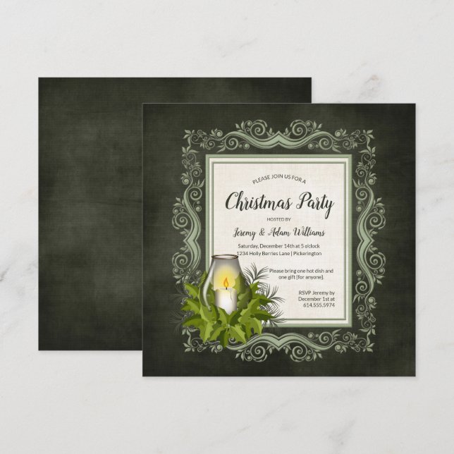 Elegant Dark Green with Candle Christmas Party Invitation (Front/Back)
