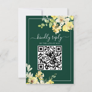 Elegant Dark Green Yellow Floral QR Code Wedding RSVP Card