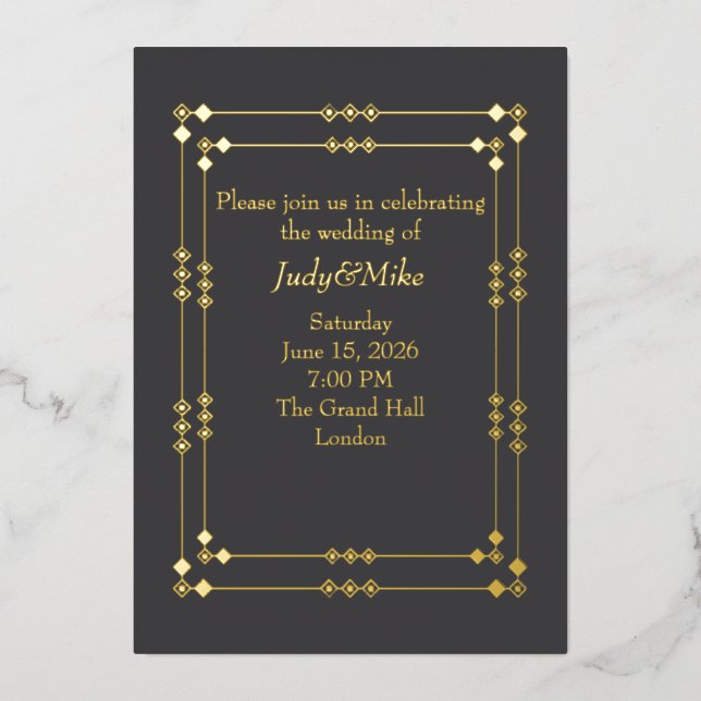 Elegant Dark Grey& Gold Art Deco Foil Invitation (Front)