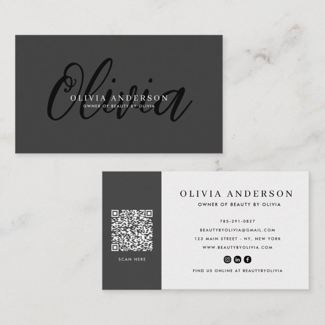 Elegant Dark Grey Handwritten Script Name, QR Code Business Card (Front/Back)
