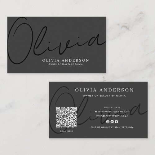 Elegant Dark Grey Handwritten Script Name, QR Code Business Card
