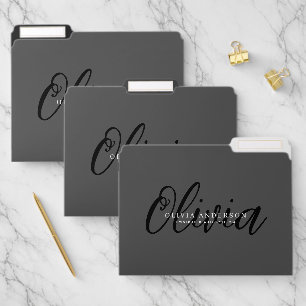 Elegant Dark Grey Handwritten Script Name, QR Code File Folder