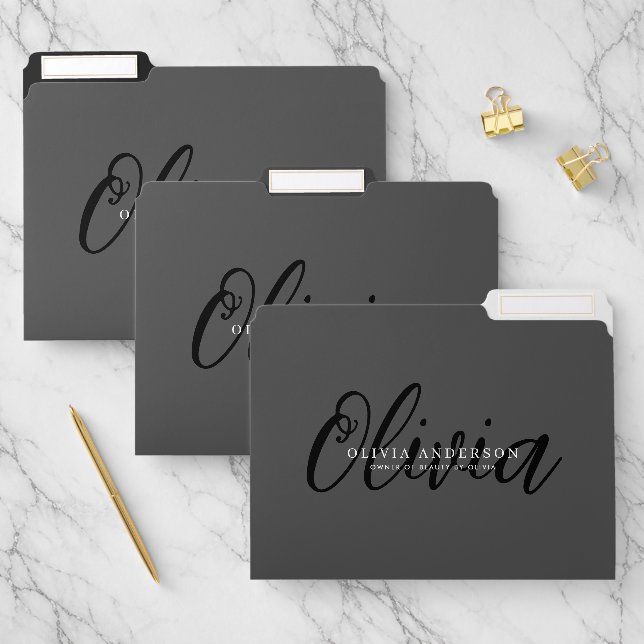 Elegant Dark Grey Handwritten Script Name, QR Code File Folder (Set)