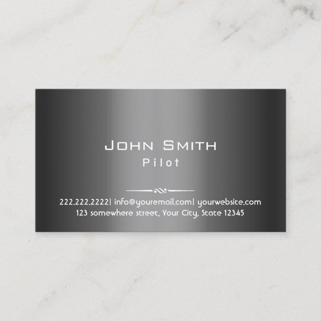 Elegant Dark Grey Metal Pilot Aviator Business Card (Front)