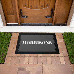 Elegant dark grey white black custom name border doormat