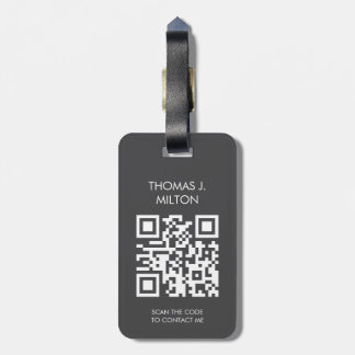 Elegant Dark Grey White Bold Monogram QR Code Luggage Tag
