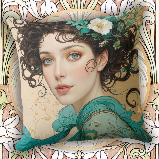 Elegant Dark Haired Art Nouveau Woman Throw Pillow (Creator Uploaded)