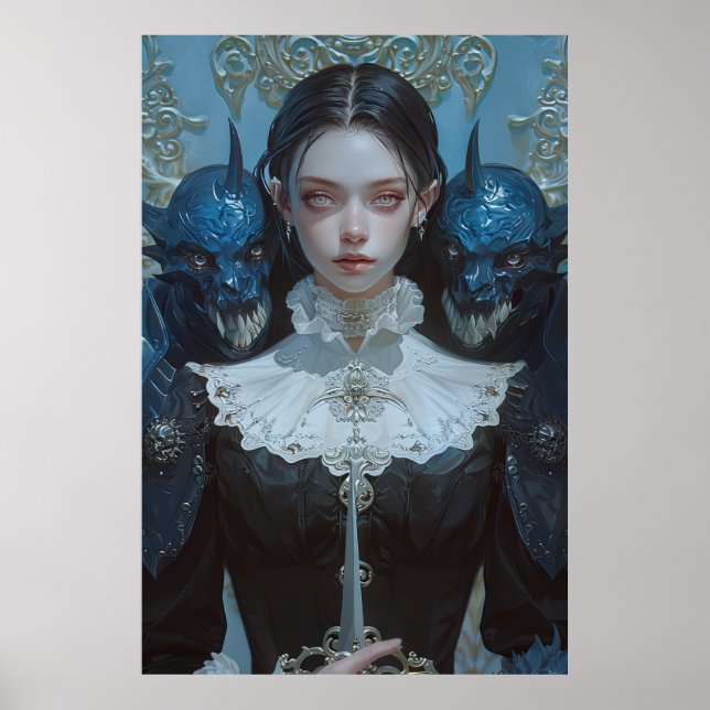 Elegant Dark-Haired Woman in Ornate Black Dress Po Poster (Front)